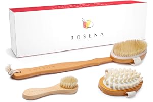 ROSENA Ensemble de brosses pour le corps à sec – Idéal pour la cellulite, le drainage lymphatique et l’exfoliant de la peau – Kit de spa en poils naturels – Brosse à dos à longue poignée