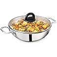 The Indus Valley Triply Stainless Steel Kadai With Glass Lid|Very Small 20.3Cm/8 Inch,1.7 Liters,1Kg|Induction Friendly|Nonstick 3-Layer Body,100% Pure&Toxin-Free,No Chemical Coating