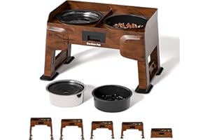 Gardner Pet Set di 2 Ciotole Rialzate per Cani, Regolabili in 5 Altezze, con Ciotola Anti-Ingozzamento e Ciotola Acqua Inox, Supporto Antiscivolo e Antischizzo, per Cani Medi e Grandi, Colore Legno