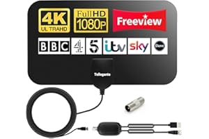 TELLEGANTE TV Aerial Indoor 250+ Miles Long Range Reception, Amplified HD TV Antenna for Freeview TV Support 4K 1080P Local TV Channels with Booster & 13ft Coax Cable