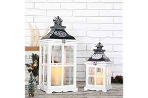 JHY DESIGN Zestaw 2 dużych, dekoracyjnych lampionów z białego drewna, metalowe lampiony, świeczniki do użytku wewnątrz i na zewnątrz, do ogrodu, na wesela, vintage wisząca latarnia (białe drewno, antyczny szary metal)