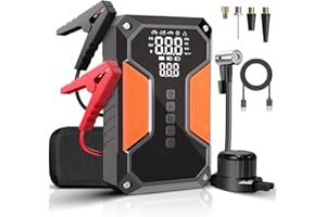 LHYNEE Arrancador de Baterias de Coche con Compresor de Air, 6000A Arrancador de Coche Portatil (para 9L Gasolina o 6.5L Diesel) con 150PSI Inflador, Pantalla Grande y Linterna LED
