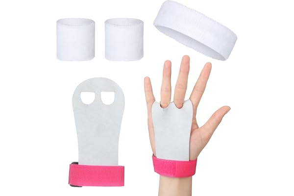 BBTO 5 Pièces Manique Gym Poignées de Gymnastique Fille avec Bracelets Sweatband Bandeau Protection Palme et Poignet de Soutien(Rose, Blanc,S)
