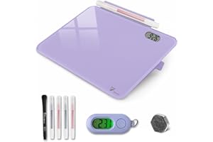 TOWON Small Glass Desk Whiteboard Dry-Erase Board with Clock, Small Travel Clock Keychain with Desk Notepad, Time Table Whiteboard for Desk Digital LED Light Display, 20x15 cm with Accessories, Purple