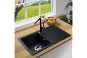 LINDBERGH® Granit Spüle + kompl. Siphon und Imprägnierung mit Abtropffläche, Einbauspüle Küchenspüle Spülbecken - Verbundstoffe MADE IN GERMANY (VEL44-760 x 440 mm (Schwarz))