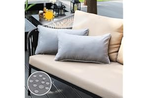 JOJOGOGO Grey Outdoor Waterproof Sun Fade Resistant Lumbar Pillow Covers 12x20 Set of 2, Light Gray Outdoor Decorative Pillows Cushion Covers 12 x 20 for Garden Patio Furniture (with White Piping)