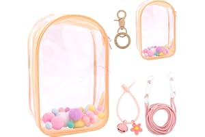 TINOALY Vitrine Transparente Figurines, Étui de Protection pour Peluches Sac de Rangement Support Bandoulière Portable PVC Pochette Poupées avec Porte-Clés pour Accessoires Poupées 15cm/17cm (Abricot)