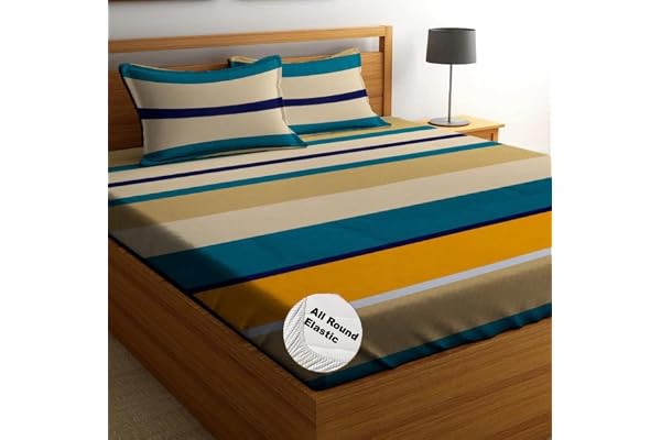 DECOMIZER 300 TC Cotton Feel All Around Elastic Fitted Glace Printed Queen Size Double Bed Bedsheet with 2 Large Pillow Covers Fits Upto Mattress of 8 Inches,Size - 60 x 78 x 10 Inches, Yellow Green