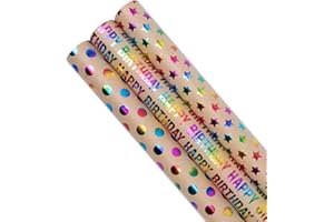 HJYODY 3 rouleaux de papier cadeau d'anniversaire, 43 cm x 3 m, recyclable, imprimé « Joyeux Anniversaire », pois et étoiles. Idéal pour décorer des cadeaux d'anniversaire, de fête, de mariage ou de festival