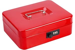 Safe Cash Box With Combination Lock, Parrency Medium Money Box with Money Tray Locking Storage Box, 9 4/5" x 7 4/5" x 3 1/2", Black