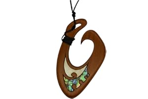 WHITE CLOUD NEW ZEALAND Pendente Maui Maori con pesce all’amo, intagliato a mano in Nuova Zelanda con legno Rimu e intarsio Paua