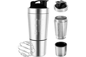 Fyfjur Shaker Proteinas, Sin BPA, A Prueba de Fugas, Shaker Acero Inoxidable con Bola de Licuadora, Contenedor de Almacenamiento de Suplementos, Shaker Gym, 600ml (Plata)