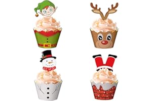 Mirrwin Cupcake Toppers Wrappers Envoltorios de Pastel de Navidad Envoltorios de Magdalenas Envoltorios de Suministros para Fiestas Santa Claus Elf Snowman Reno Cupcake Decoración 48 Piezas