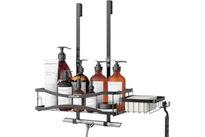 UUlioyer Estante de Ducha Colgar, Estanteria Baño con Jabonera, Estanteria Baño sin Taladro para Colgar en Puertas de Ducha de Vidrio, Organizador Ducha Negro