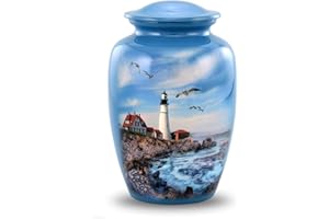 IMMORTAL-MEMORIES Hand Painted Light House Urn, Lighthouse Cremation Urn for Ashes, Midnight Lighthouse Urn, Adult Memorial Urn, Handmade Cremation Urn with Velvet Bag (Large)
