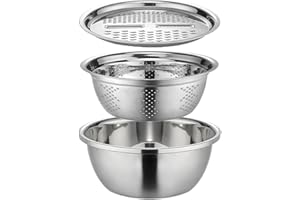 Teksome Multifunktionales Edelstahlbecken – 3-teiliges Seiher-Sieb-Set | Salatschleuder, Gemüse, Reis, Waschsieb, Korb, Schüssel, Reisspüler, Lebensmittelreiben mit Behälter