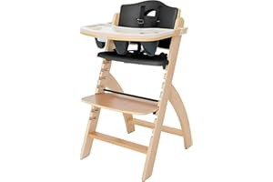 Abiie Beyond Junior Wooden High Chair with Tray - Adjustable and Convertible High Chair for Babies and Toddlers - 6 Months to 250 Lb - Water Resistant - Natural Wood with Black Pearl Cushion
