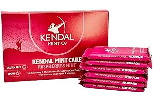 KENDAL MINT CO. KMC Energy Bars Pocket-sized, Original Flavour, Kendal Mint Cake Recharged, Vegan, Gluten Free with essential Electrolytes & Vitamins35g (6 Count (Pack of 1), Raspberry)