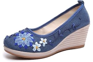 Minetom Femme Confortable Compensé Toile Vintage Broderie Fleur Chaussures de Conduite Loafer Ballerines Mocassins