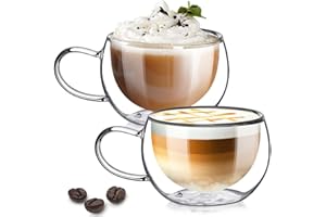 TKNO Double Walled Glass Cappuccino Cups, 270ml Cup Set of 2 Hollow Vacuum Sealed Insulated Cappuccino Latte Macchiato Coffee Glasses, Hand Made, Heat Resistant, Microwave Safe Drinking Glass Mugs
