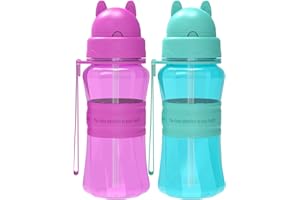 Sigdio 2er Set Trinkflasche Kinder mit Strohhalm Auslaufsicher leicht zu reinigen BPA frei Trinklernflasche Baby Wasserflasche Kinder 2 3 4 5 6 Jahre für Kita und Kindergarten (Lila-Hellblau)