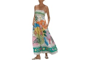 Sxkayxr Women Boho Flowy Graffiti Long Aline Sundress Graphic Square Neck Sleeveless Spaghetti Strap Y2K Maxi Cami Dress