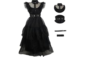 TMSREBU Wednesday Addam Family Dress Black Tulle Cosplay Outfit Prom Party Costume Full Set with Belt for Girls
