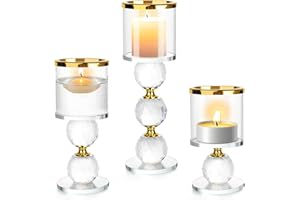 ERWEY Zestaw 3 kryształowych świeczników na świece pieńkowe i podgrzewacze, nowoczesne świeczniki na wesele, do salonu, jako dekoracja stołu, na imprezę (3 szt., złote)
