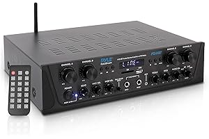 Pyle Amplificador de Audio, Inalambrico, Bluetooth, Estereo, 4 Canales, Entrada de microfono, AUX, Salida del Altavoz del subwoofer RCA, USB, Potencia Maxima de 500W a 4-8 ohmios