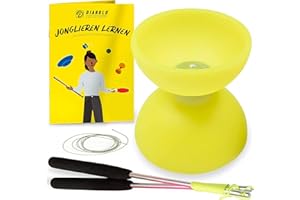 Diabolo Freizeitsport - Diabolo Set de Jonglage - Comet - Jaune Fluo - Baguettes en Aluminium - Ficelle de Remplacement Supplementaire - Guide inclu - pour Débutants et Enfants