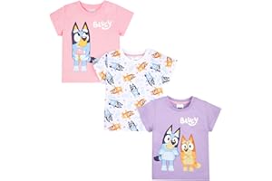 Bluey Girls T-Shirts Pack of 3 | 100% Cotton and Bingo Multipack Summer T-Shirts Tops | Ages 2 to 8 Years Old | Official Merchandise
