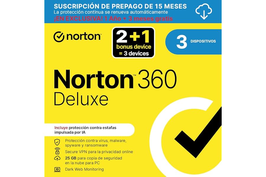 Norton 360 Deluxe 2026 |Antivirus 2+1 Dispositivos|15 meses con renovación automática| Descarga digital