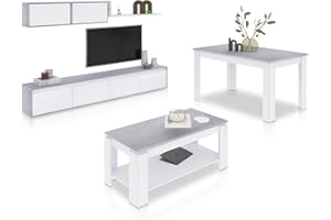 duehome | Pack de Salon con Modulo TV + Mesa de Centro Elevable y Mesa de Comedor, Conjunto de Salon, Modelo Arlet MAX V1, Acabado en Blanco Artik y Cemento