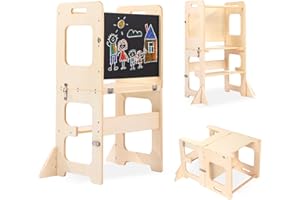 JOLIE VALLÉE TOYS & HOME Toddler Standing Tower, Learning Standing Tower 2-in-1 Kitchen Wooden Stool Helper with Chalkboard Montessori and Waldorf Helper for Kids Wooden Step Stool with Desk Table and Chair (Log Color)