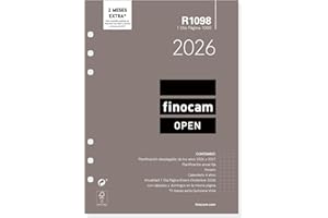 Finocam - Recambio agenda Open 2026 1 Día Página | Enero - Diciembre (12 meses) | Recambio anual agenda R1098 con 6 taladros - Español