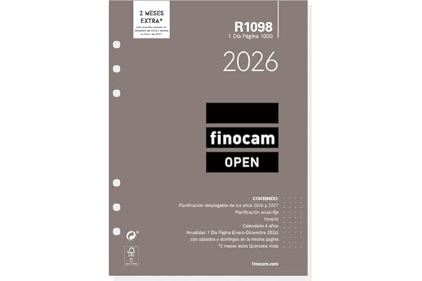 Finocam - Recambio agenda Open 2026 1 Día Página | Enero - Diciembre (12 meses) | Recambio anual agenda R1098 con 6 taladros - Español