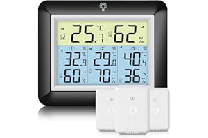 Urageuxy Funk Thermometer mit 3 Außensensoren - Wetterstation mit 100m Reichweite, Digital Hygrometer Thermometer mit Großem LCD-Display, MIN/MAX-Aufzeichnung, Einfache Bedienung (Schwarz)