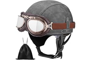 BDTOT Casque de Moto Vintage Cuir Retro Vintage Scooter Open Face Demi Casque de Cuir avec UV Lunettes Certifié ECE Bols pour Homme et Femme Adultes Demi-Casques avec Sac de Rangement