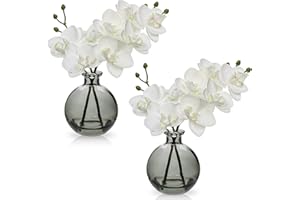 ‎HOLLYONE 2 pcs Künstliche Orchideen weiß mit Schwarz Glasvase, Kunstpflanze Decor Orchideen Kunstblumen im vase mit Real Touch Blüten, Gefälschte Orchideen künstliche Bonsai für Hotel Wohnzimmer Büro Küche