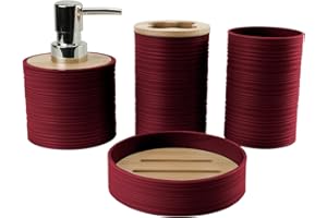 Hosoncovy 4 Pcs Bathroom Container Set Bathroom Accessory Set with Soap Dispenser, Bathroom Cup, Soap Dish ，Toothbrush and Toothpaste Holder (Wine Red)