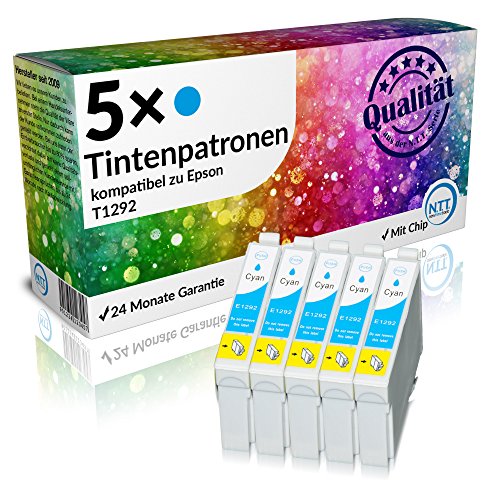 N.T.T.® 5 x Stück XL Druckerpatronen / Tintenpatronen kompatibel zu Epson T1292 Cyan / Blau, Sparpack