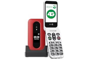 Doro - Leva L30 - Téléphone Portable Senior - Téléphone À Clapet 4G Débloqué - Écran Externe - Son HD - Appareil Photo -Touche d'Assistance avec GPS - Socle Chargeur Inclus - Rouge/Blanc