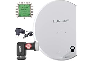 DUR-line MDA 90 Hellgrau - Digitale 8 Teilnehmer Satellitenschüssel Komplett-Anlage mit Premium Multischalter und LNB [Camping, Astra 19,2°, DVB-S/S2, Full HD, 4K, 3D]