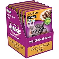 Whiskas Kitten (2-12 months) Wet Cat Food, Chicken in Gravy, 6 Pouches (6 x 85g)