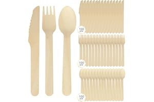 LNSYSNS Couverts de Table Jetables, 300 Pièces Couvert Bois, Comprend 100 Fourchettes, 100 Cuillères et 100 Couteaux en Bois, Bouleau Couverts Pique Nique, pour Barbecues, Fêtes et Pique-Niques