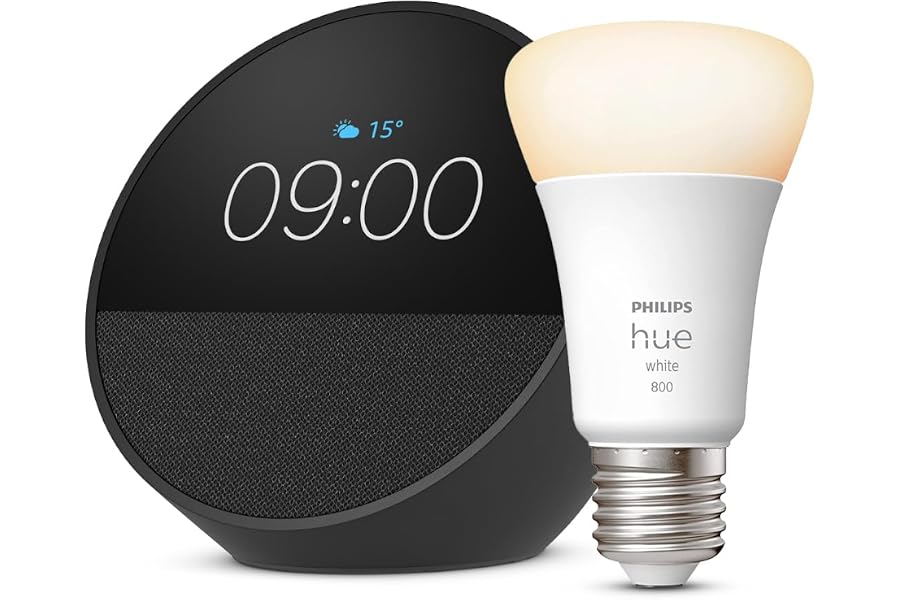 Echo Spot | Schwarz + Philips Hue White E27 Lampe, kompatibel mit Amazon Alexa - Smart Home-Einsteigerpaket