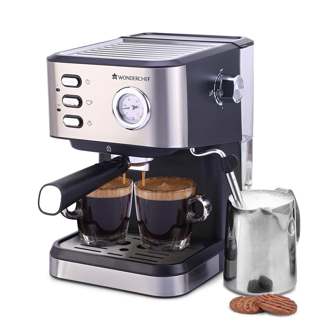 Wonderchef Regenta Espresso Coffee Machine, 19-bar, Make Espressos, Cappuccinos & Lattes at Home, With Steamer, Metal Porta F