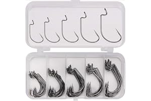 Amacoam Anzuelos de Pesca Acero de Alto Carbono Anzuelos Pesca Gancho Pesca Negro Amplia Brecha Gusano Suave cebos Gancho para Pesca con Caja de Plástico para Agua Dulce de Agua Salada 50 Piezas
