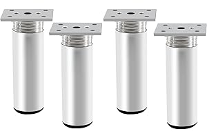 Rusoz 4 Pièces Pieds de Meuble Reglable,Pieds de Table Metal 100 mm Hauteur Pieds De Lit Alliage D'aluminium Argent Mat Rond Hauteur Réglable 0-20 mm avec Vis pour Canapé, Lit, Et Armoires
