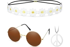 Fiada Hippie Costume Set 60's Style Circle Glasses Peace Sign Necklace Daisy Sunflower Headbands for Women Men Dressing Accessory Hippie Party Supplies